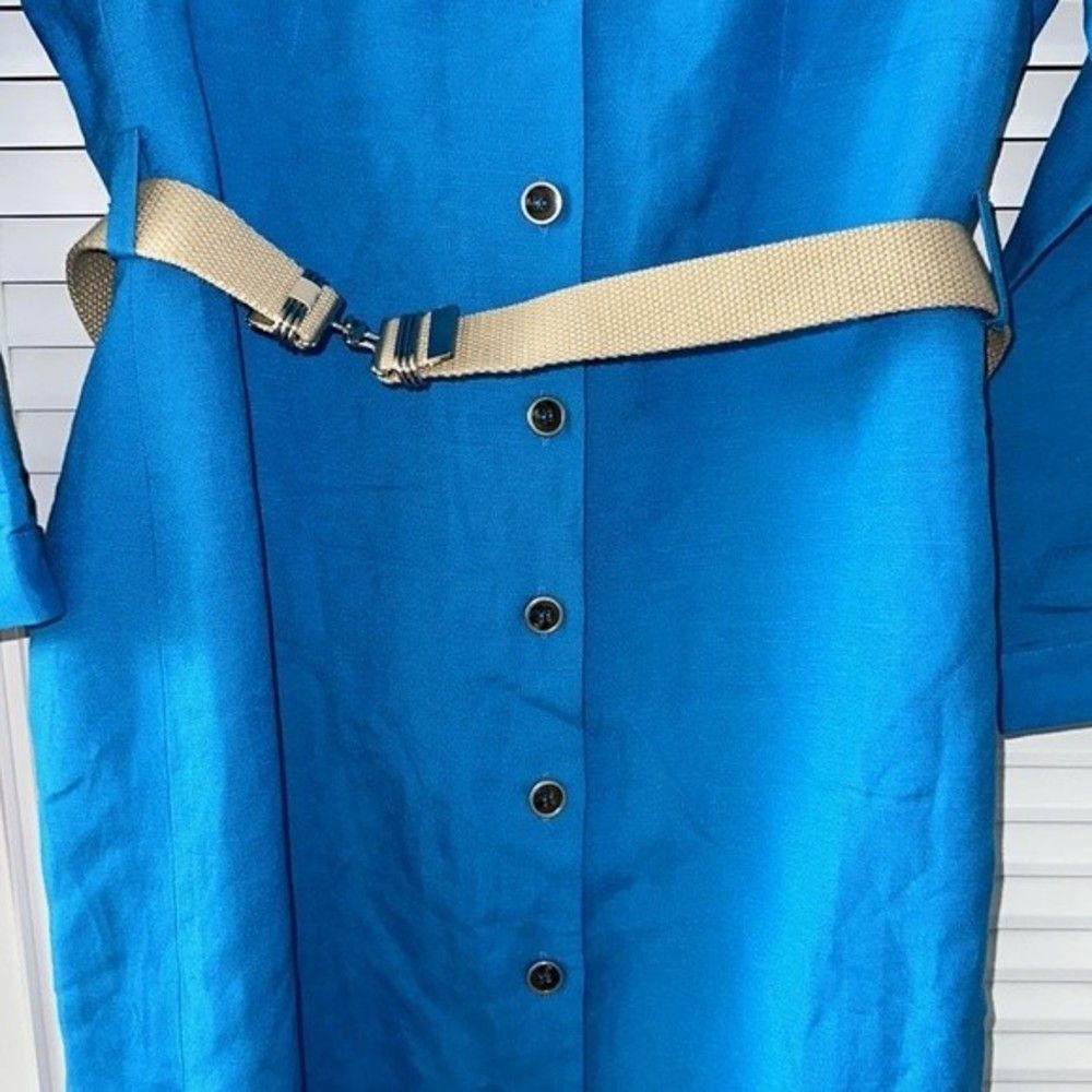 Tahari Arthur S Levine Blue Linen Blend Ruffle Neck Dress Size 12 - Picture 5 of 7